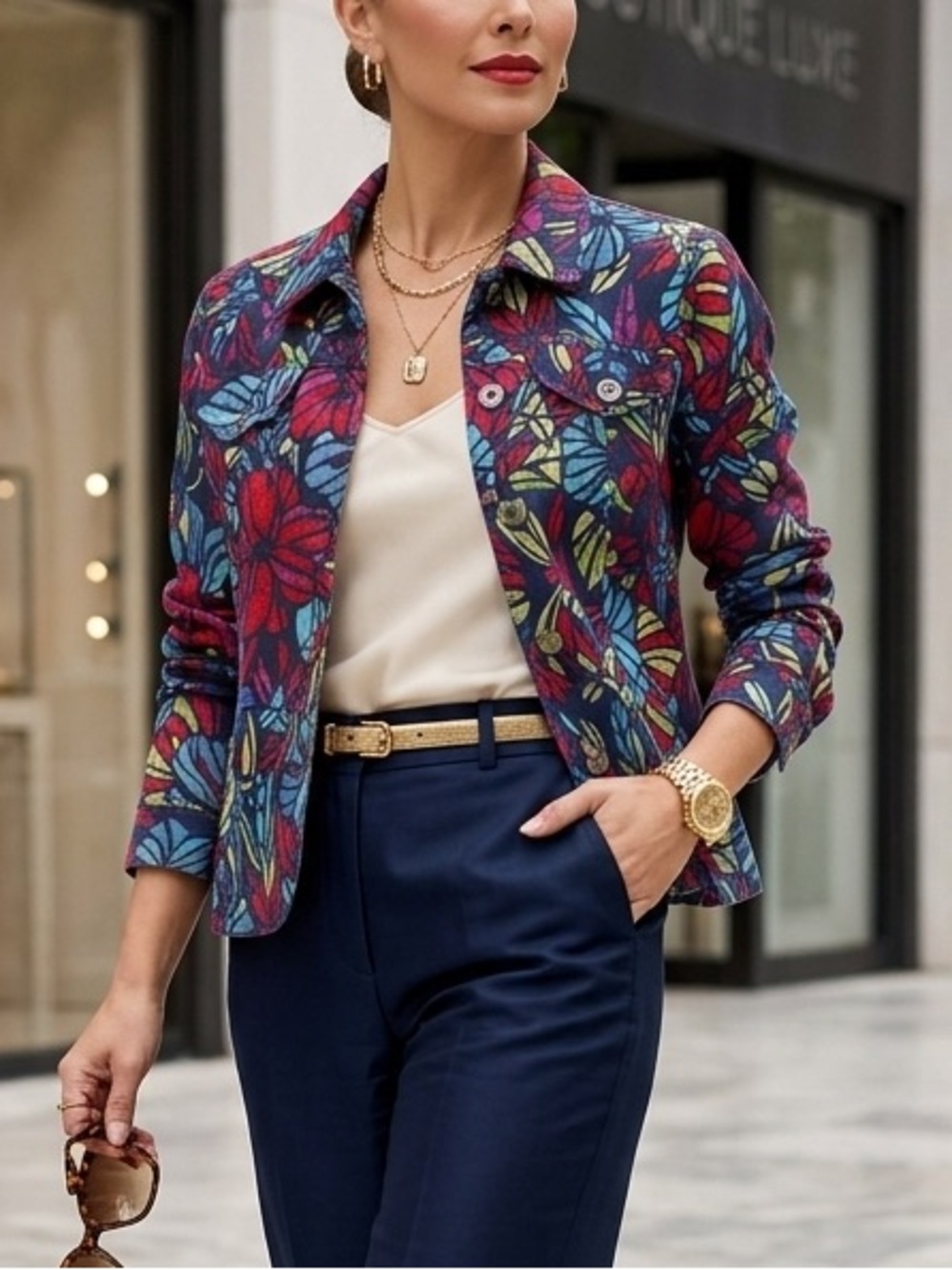 Lark Lane Womens Tropical Floral Ramie Cotton Button Front Jacket Navy Red Sz 12